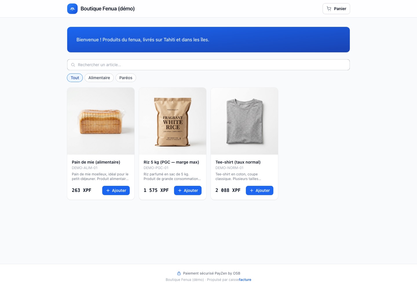 Capture d'écran de la boutique en ligne de démonstration&nbsp;: trois produits avec prix en XPF entiers, boutons Ajouter et mention « Paiement sécurisé PayZen by OSB ».