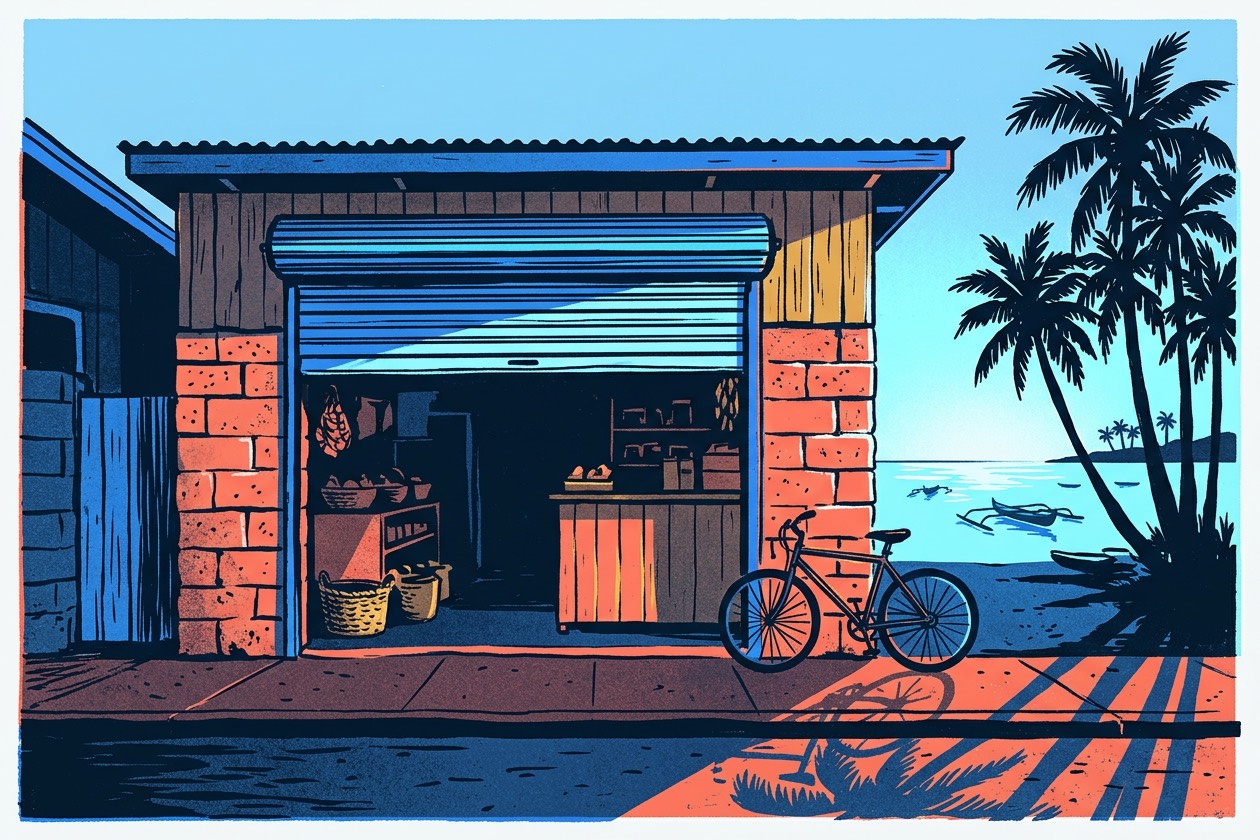 Sérigraphie d'aube au fenua — la boutique ouvre dans la première lumière froide du matin.